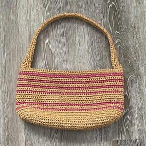 Hand Crocheted Raffia Shoulder Bag with Pink Accents